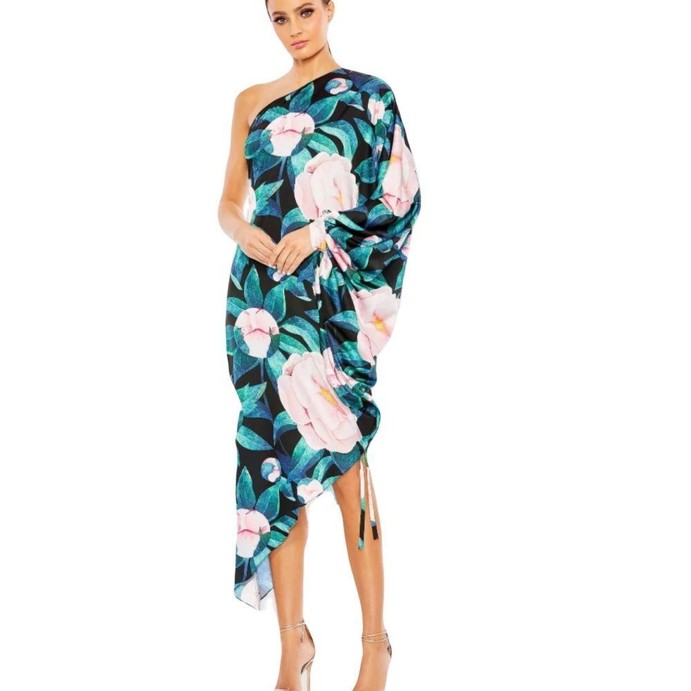 Mac Duggal sz 16 Asymmetrical Tropical Satin Dress Tropical Floral